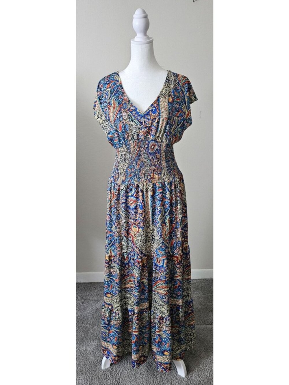 Womens Boho Paisley Maxi Dress M Smocked Waist Short Sleeve Flowy Comfort Resort